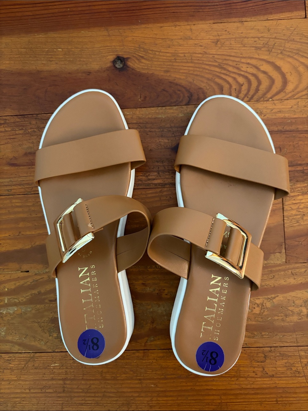 Italian Shoemakers Cognac Slide Sandals with Gold Buckles